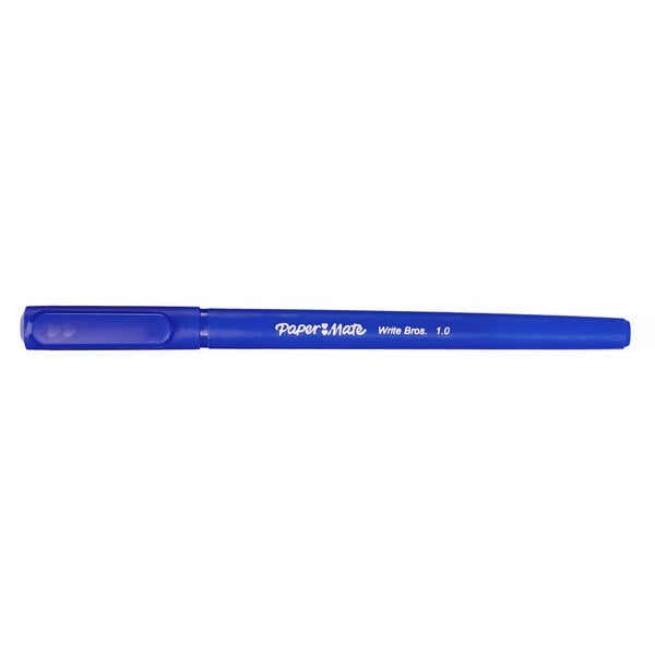 A Paper Mate blue ballpoint pen with a blue barrel on a white background.