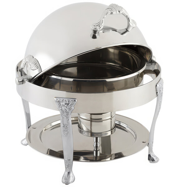 A silver Bon Chef Petite round chafer with a lid and stand.