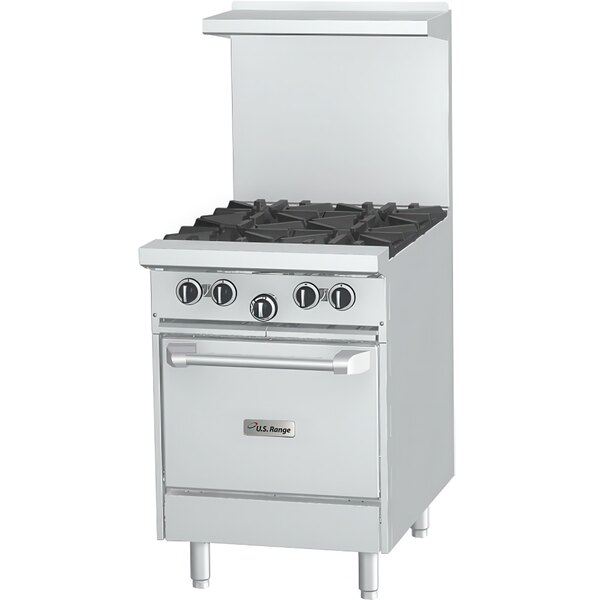 A stainless steel U.S. Range with four burners and a space saver oven.