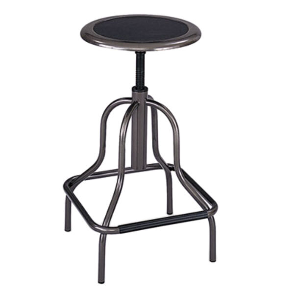 A pewter metal Safco Diesel office stool with a leather seat.