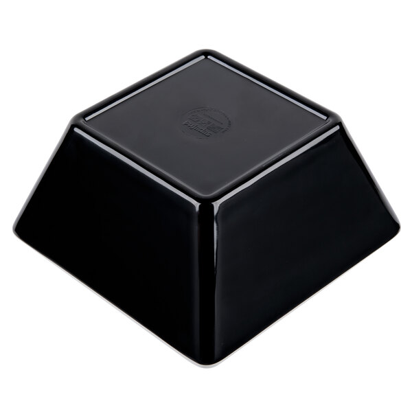 A black square Vollrath melamine bowl with a logo on it.