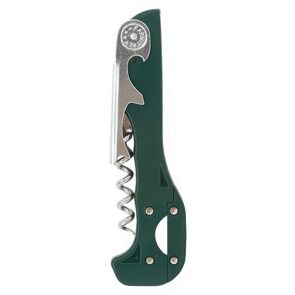 A Franmara Boomerang customizable two-step waiter's corkscrew with a dark green handle and silver screw.