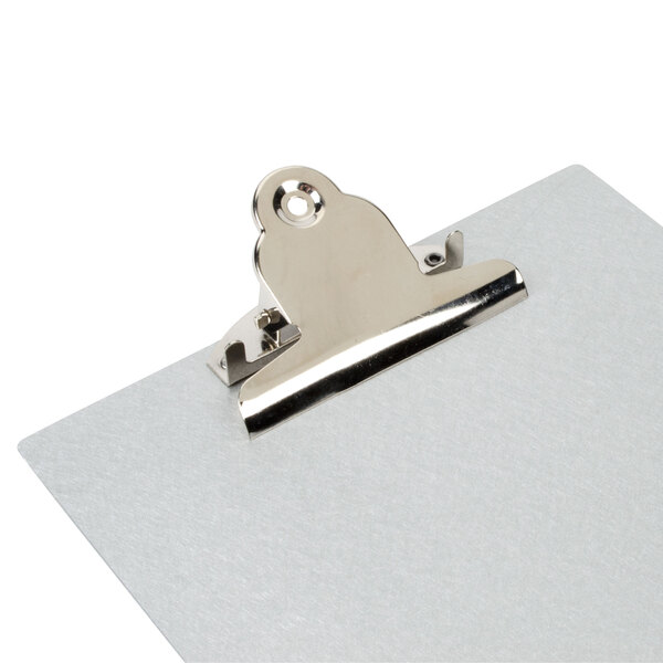 A Menu Solutions Alumitique aluminum clipboard with a metal clip.