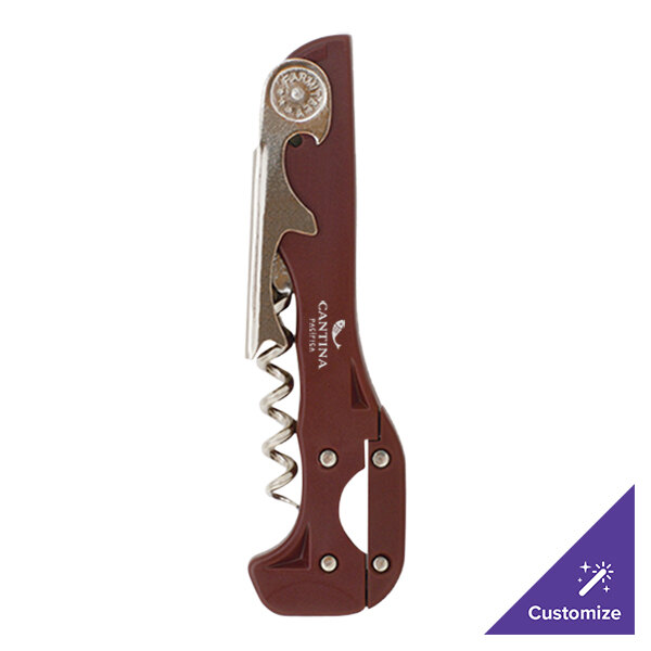 A Franmara Boomerang two-step waiter's corkscrew with a burgundy handle.