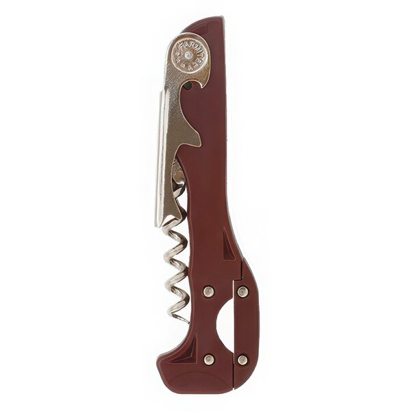 A Franmara Boomerang Waiter's Corkscrew with a brown and silver metal handle with a circular corkscrew.