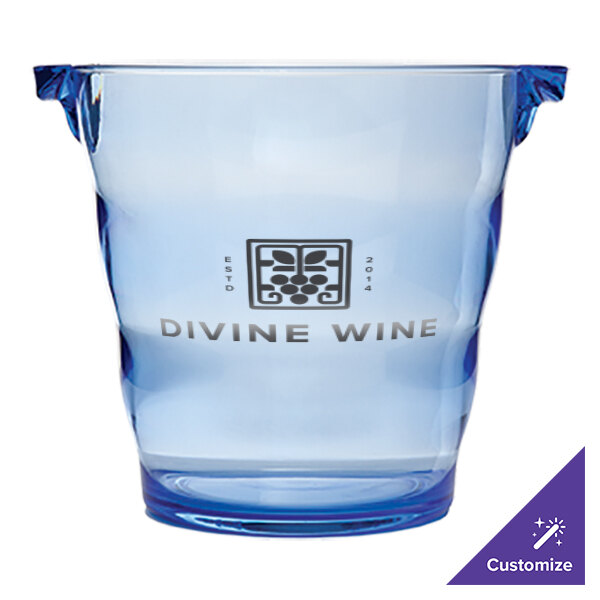 A blue acrylic wine cooler with a white logo on it.