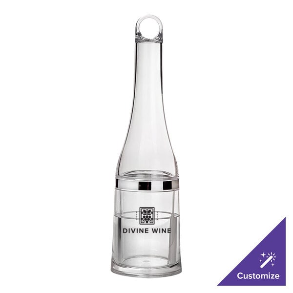 A clear acrylic wine chiller with a silver lid.