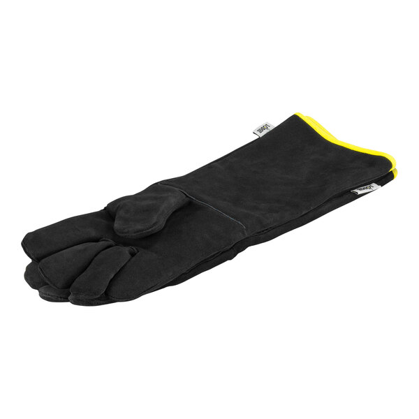 A black leather oven glove with yellow stitching.