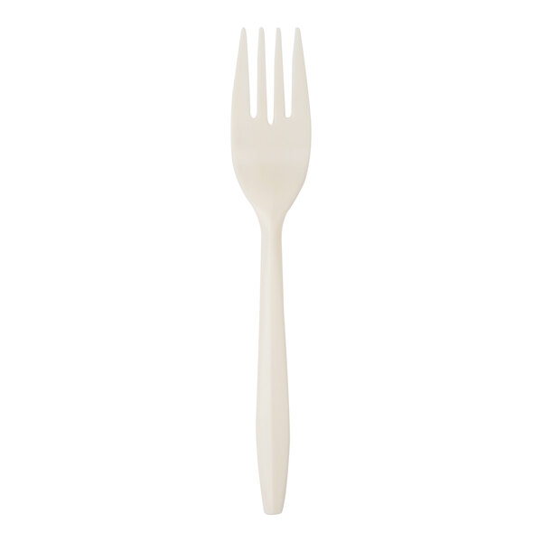 A single off-white plastic fork with four tines is shown against a plain white background.