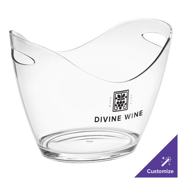 A clear acrylic oval wine bucket with handles holding four bottles of wine.