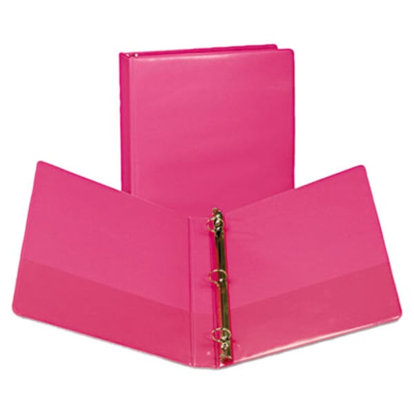 A pink Samsill binder with silver metal rings.