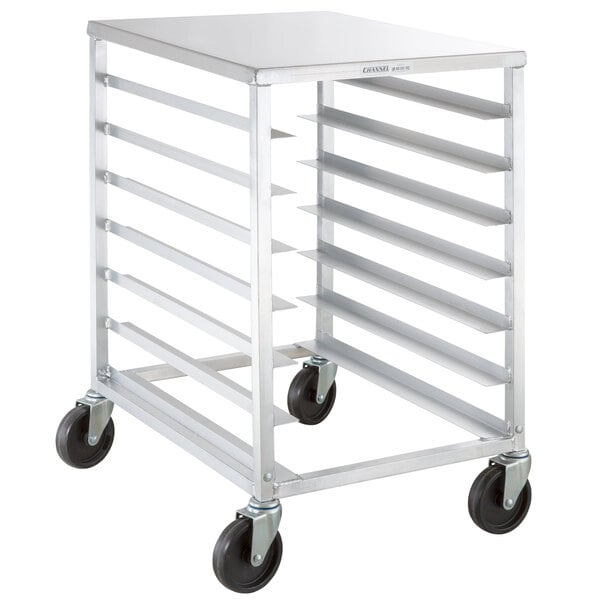 A Channel pizza dough box rack with 7 slots on wheels.