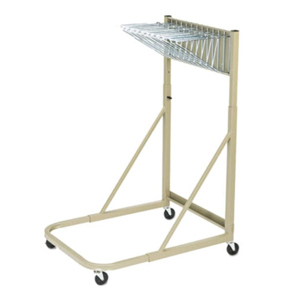 A Safco steel mobile rack for hanging file sheets on wheels.