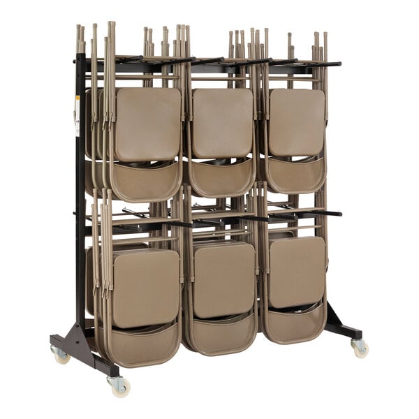 A black Safco two-tier cart holding a stack of folding chairs.