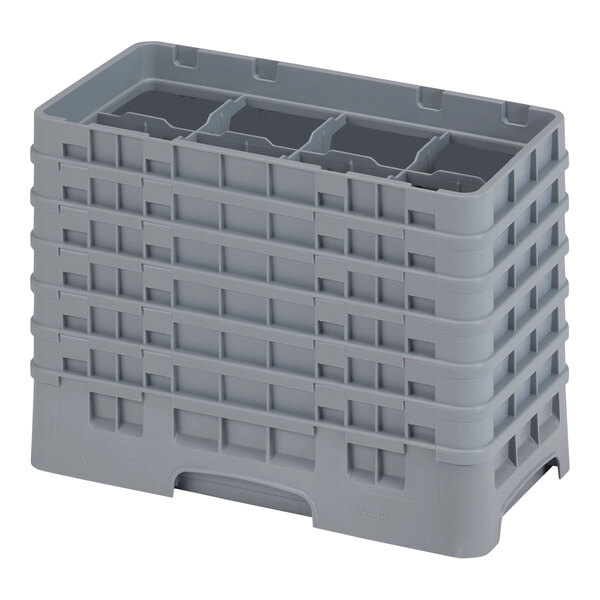 A grey plastic Cambro Camrack with 8 compartments.