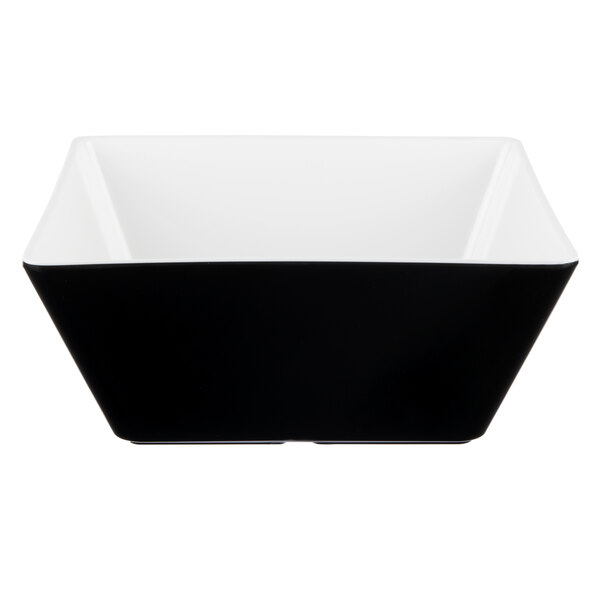 A black and white large square melamine bowl.