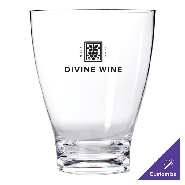 A clear Franmara acrylic wine cooler with black text that reads "Divine Wine"