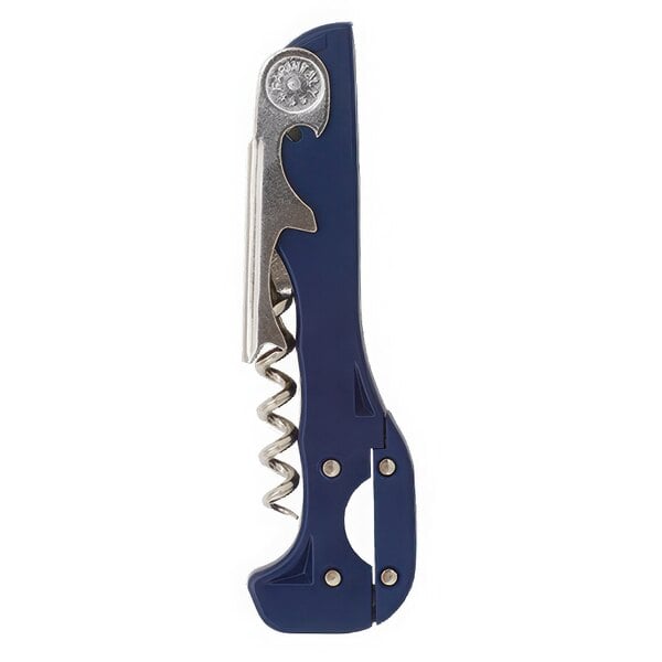 A Franmara Boomerang corkscrew with a dark blue handle and silver accents.