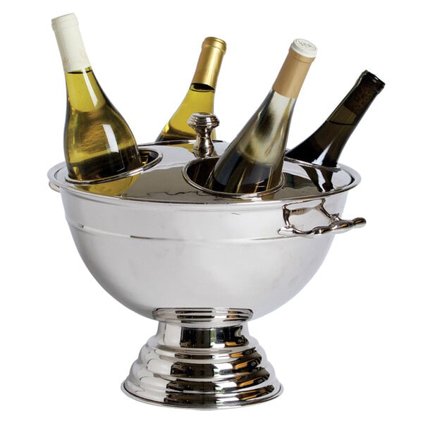 A silver Franmara heavy-duty cooler with three bottles in it.