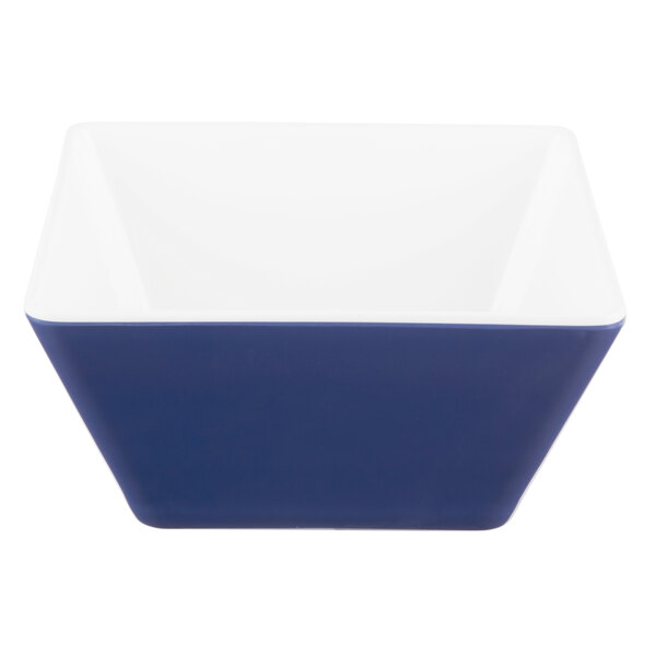 A blue and white square bowl.