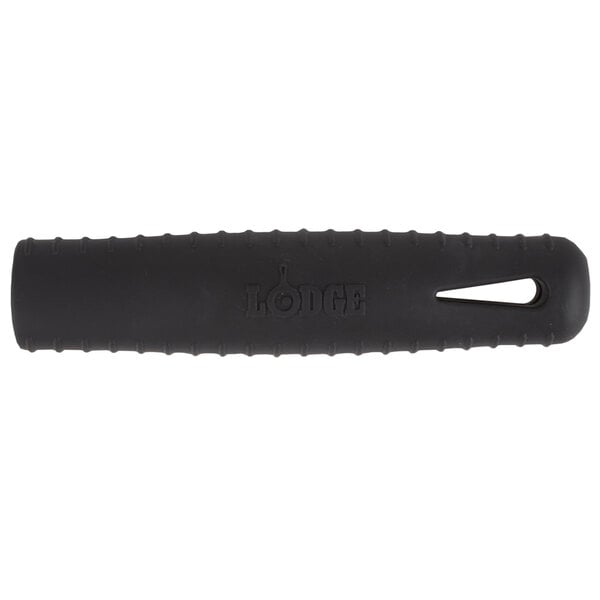 A black silicone handle holder with the Lodge logo.