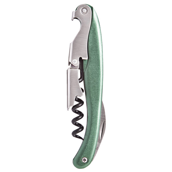 A Franmara Lisse waiter's corkscrew with a metallic green and silver corkscrew.