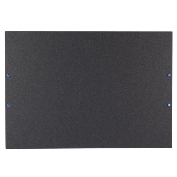 A black rectangular Vollrath wood shelf with white borders.