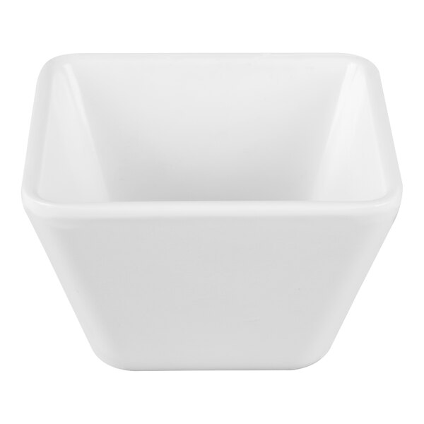 A white, extra-small square melamine bowl with a 5 oz. capacity.
