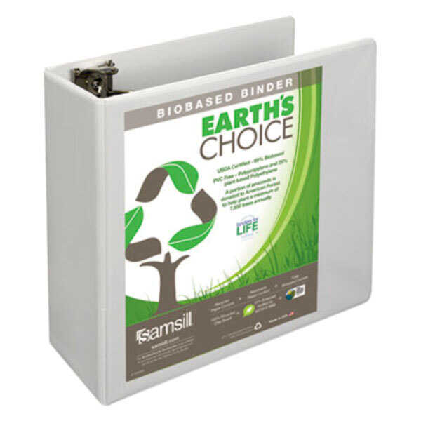 A white Samsill Earth's Choice 3 ring binder with a label on the front with the earth choice logo.