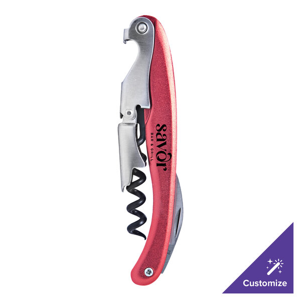 A Franmara Lisse corkscrew with a red and silver aluminum handle.