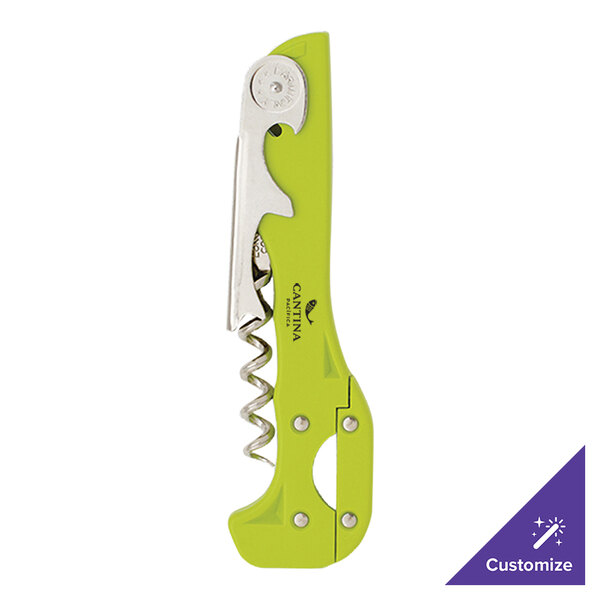 A Franmara Boomerang Two-Step Waiter's Corkscrew with a light green handle and silver accents.