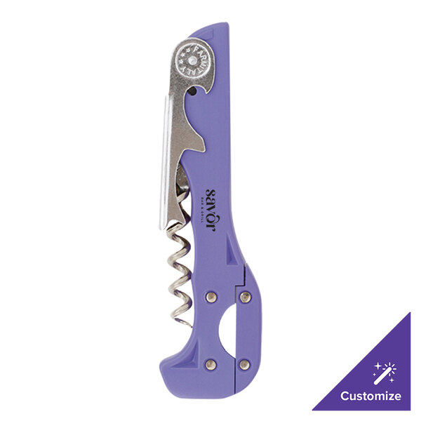 A Franmara Boomerang two-step waiter's corkscrew with a purple handle.