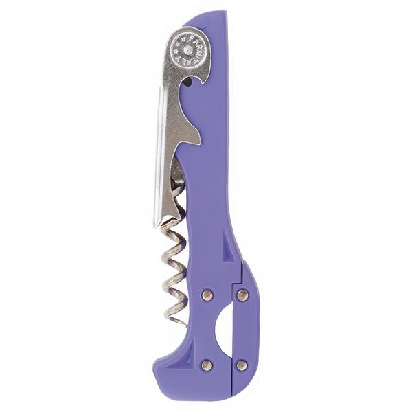 A Franmara Boomerang customizable two-step waiter's corkscrew with a purple handle and metal screw.