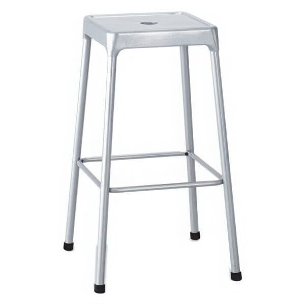 A silver steel Safco bar stool with a black seat and legs.