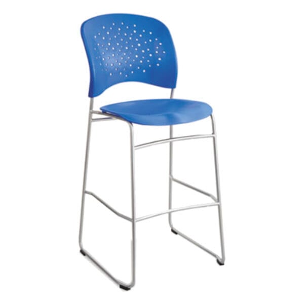 A blue plastic Safco Reve Bistro Chair with metal legs.