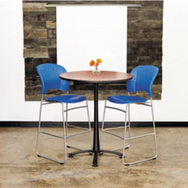 A table with blue Safco Reve bistro chairs.