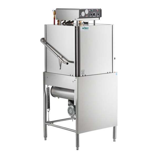 A commercial high temperature dishwasher with a stainless steel exterior and control panel on top.