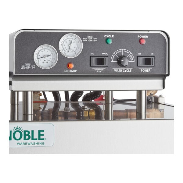 A commercial high temperature dishwasher with control panel and gauges, branded Noble Warewashing.