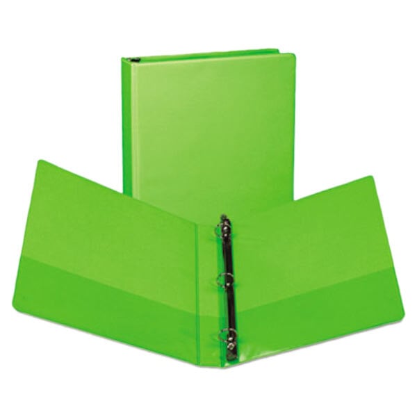 A lime green Samsill binder with two round black rings.