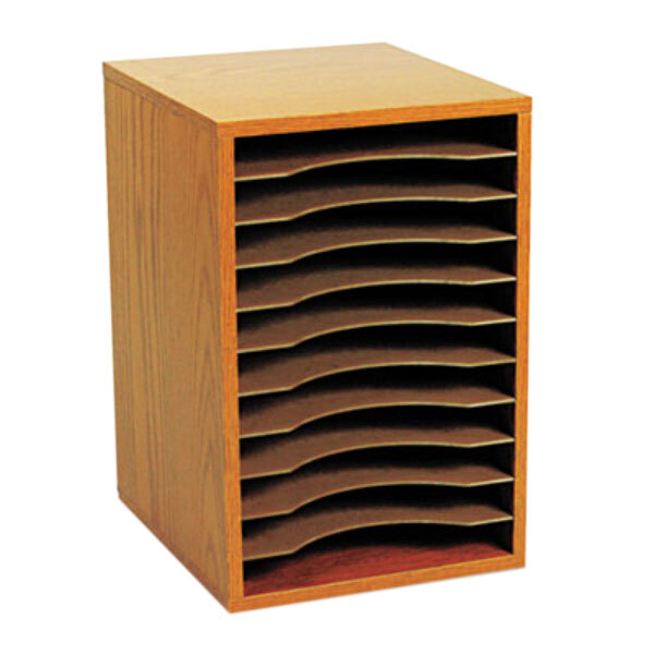 A Safco medium oak wooden organizer with 11 paper trays.