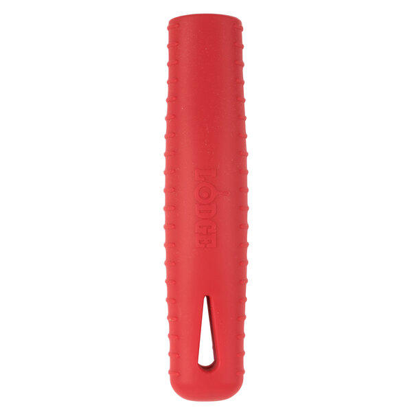A red silicone handle holder with a small hole in it.
