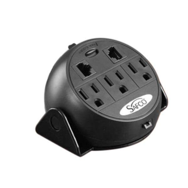A black Safco power module with three grounded outlets and two RJ-45 ports.