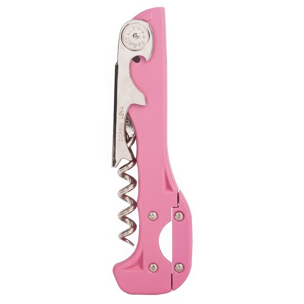 A Franmara Boomerang two-step waiter's corkscrew with a pink handle and metal spiral.