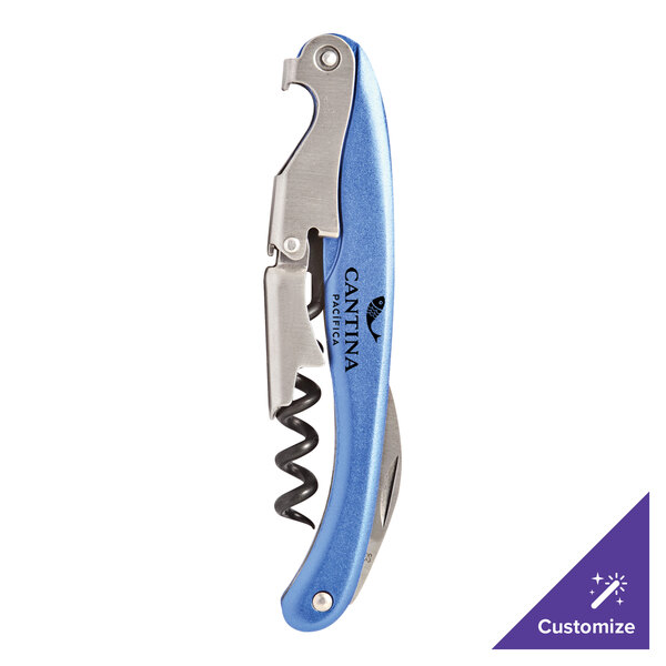 A Franmara Lisse corkscrew with a metallic blue and silver aluminum handle.