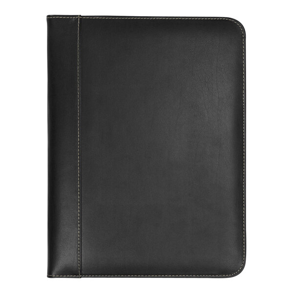 A black leather Samsill padfolio with contrast stitching.