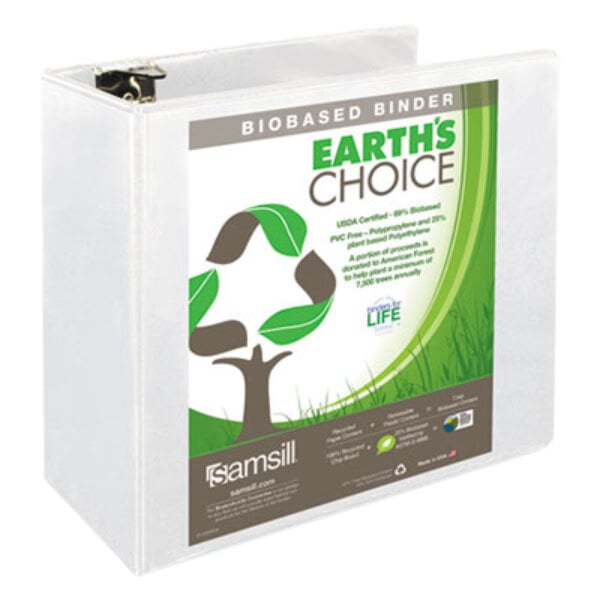 A white Samsill Earth's Choice view binder with a brown and green logo on the label.