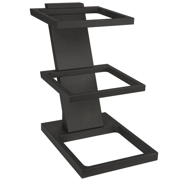 A black wood tiered stand with two shelves.