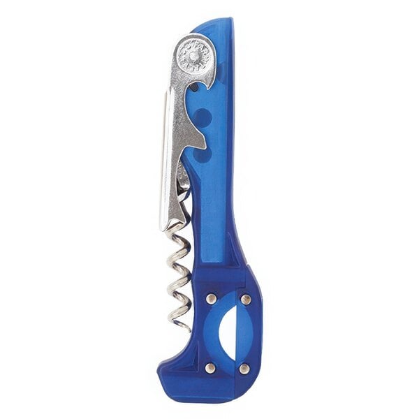 A Franmara Boomerang corkscrew with a translucent blue handle and silver accents with a screw on the end.