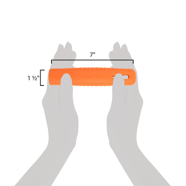 An orange rectangular silicone handle holder with white text.
