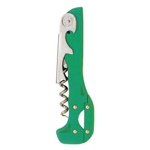 A Franmara Boomerang corkscrew with a green handle.